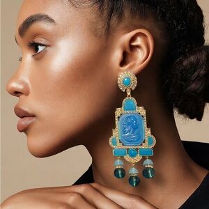 Gold and Blue Cameo Drop Earrings